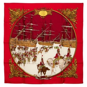 Hermes Hermès Carré 90 MARINE ET CAVALERIE Sea and Cavalry Scarf, Red Multicolor Silk, Women's