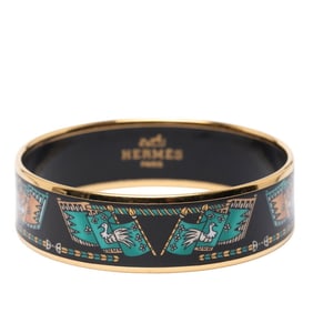 Hermes GM enamel bird and flag motif bangle in gold, black, multicolored plating for women.