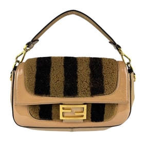 FENDI Baguette Shoulder Bag in Brown, Beige, and Gold with Shearling Fur Patent Leather, Women's,