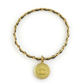 CHANEL Bangle Bracelet with Medallion, Metal, Leather, Gold, and Black, Women's, e60983a