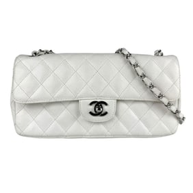 CHANEL Matelasse Shoulder Bag in Caviar Leather with Metallic, Off-White and Silver, Women's, z7173