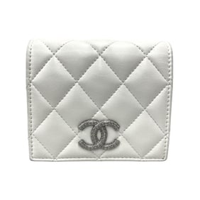 CHANEL Coco Mark Small Wallet AP3055, Women's Leather Bifold Wallet, Matelasse, White, Compact