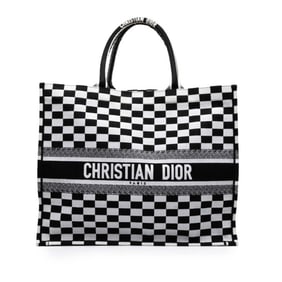 Christian Dior Dior Book Tote Check Handbag Bag Black White Canvas Women's