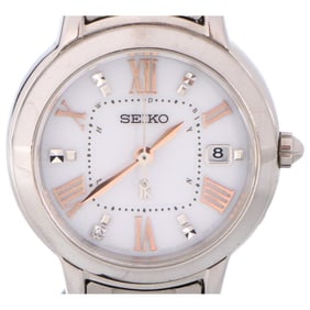 SEIKO SSQW037 1B22 LUKIA Lady Diamond Date Solar Radio-Controlled Wristwatch in Silver and Pink Gold