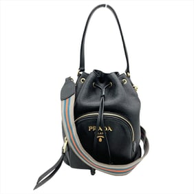 PRADA Vitello Dino Shoulder Bag Leather Black Drawstring for Women