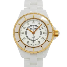 CHANEL J12 33mm H2181 Women's Watch with 11 Diamonds, Date Display, White Ceramic, and Yellow Gold