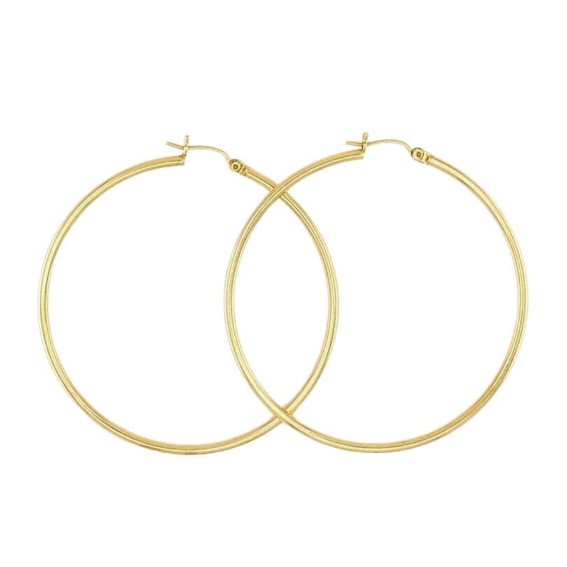 Hoop Earrings 14k Gold Wire Earrings Medium Size: Circa: 21st CenturyMaterials: 14k Yellow GoldWeight: 4.4 GramsMeasurements: Diameter - 2"Hallmarks: 14KThese 14k gold hoop earrings are designed with a simple and clean look. The polished gold surface