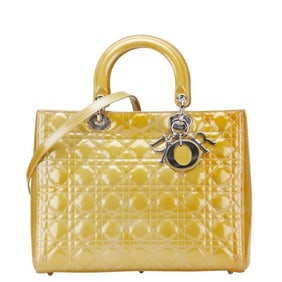 Christian Dior Cannage Lady Large Handbag/Shoulder Bag, 2-Way, Yellow Patent Leather, Women's,