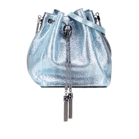 BVLGARI Serpenti Forever Bucket Bag, Chain Shoulder Handbag in Blue Karung Leather, Women's