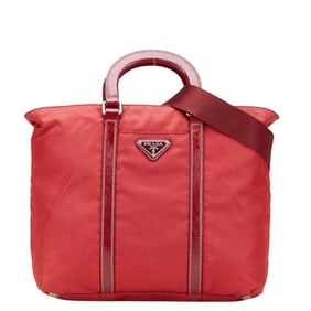 Prada Triangle Logo Plate Handbag/Shoulder Bag, 2-Way, Red, Nylon and Leather, Women's, PRADA