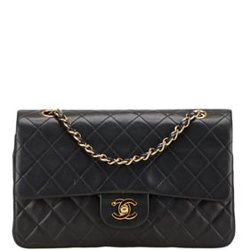 CHANEL Matelasse Coco Mark Double Flap Chain Shoulder Bag Handbag Black Lambskin Women's