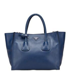 Prada Triangle Logo Plate Handbag Tote Bag Blue Leather Women's PRADA