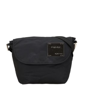 Fendi logo plate shoulder bag in black and silver nylon for women.