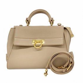 Salvatore Ferragamo Gancini Leather Handbag, Beige, 2-Way Bag for Women