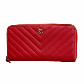 Chanel Long Wallet V-Stitch Caviar Leather Red Women's