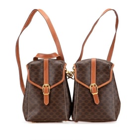 Celine Macadam Double Backpack, Brown Leather, Women's, CELINE