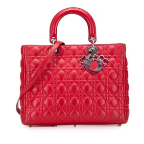 Christian Dior Dior Cannage Lady Large Handbag/Shoulder Bag, 2-Way, Red and Silver Lambskin,