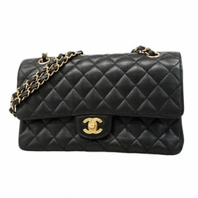 Chanel Matelasse Shoulder Bag with Double Flap and Chain, Caviar Skin, Black, Women's