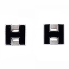 Hermes Earrings, Carage d'Ash Metal, Silver and Black, Women's