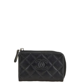 CHANEL Matelasse Coco Mark L-Zip Wallet/Coin Case/Key Case in Black Caviar Leather for Women