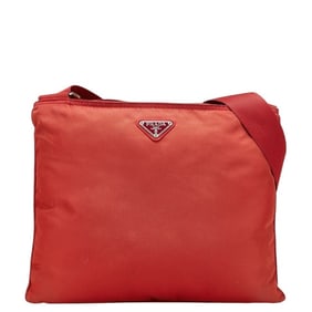Prada Triangle Logo Plate Crossbody Shoulder Bag Red Nylon Women's PRADA