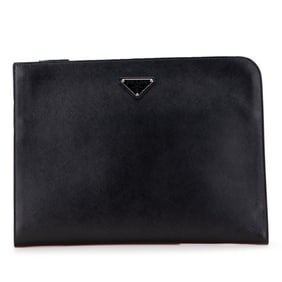 Prada Triangle Logo Plate Clutch Bag in Black Saffiano Leather for Women