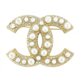 Chanel Brooch Coco Mark GP Plated Fake Pearl Rhinestone Champagne Gold for Women