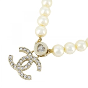 Chanel Necklace Coco Mark GP Plated Fake Pearl Rhinestone Champagne Gold for Women