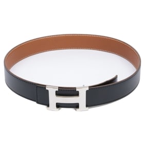 HERMES Constance H-stamped calfskin Togo belt, size 70, black gold with silver buckle, men's