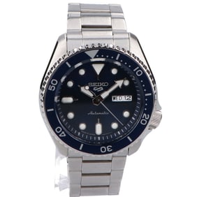 Seiko SBSA001 4R36 5 Sports SKX Series Day-Date Automatic Watch with See-Through Back, Silver, Men's