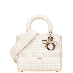 Christian Dior Dior Lady Houndstooth Handbag/Shoulder Bag, 2-Way, Pink and White Canvas, Women's,
