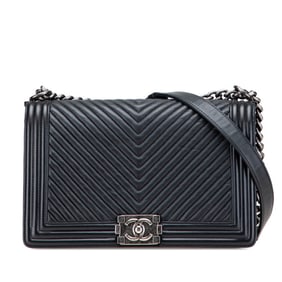 CHANEL Boy Chanel 28 V-Stitch Coco Mark Chain Shoulder Bag in Black Lambskin for Women