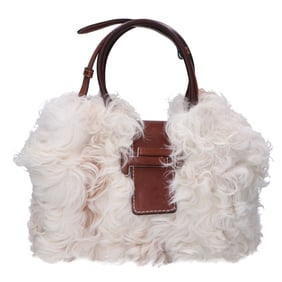 TOD'S CT39 Double T Real Fur 2-Way Tote Bag in White and Brown
