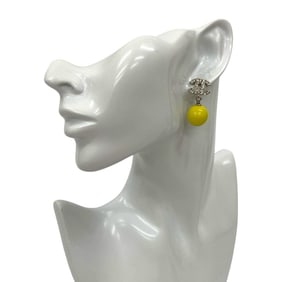 CHANEL Coco Mark Motif Metal Rhinestone Earrings, Silver and Yellow, 11143
