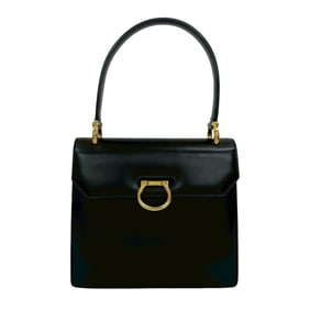 CELINE Vintage Logo Hardware Calf Leather Handbag Mini Tote Bag Black 467-5
