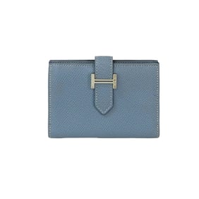 Nearly unused, engraved with O. HERMES Bearn Mini Card Case, Epsom Leather, Light Blue, 71810.