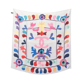 CHANEL Coco Mark Silk Scarf for Women, Blue Multicolor