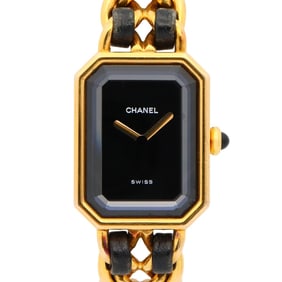 CHANEL Premiere M Watch, GP (Gold Plated), Leather, Women's, Black, H0001