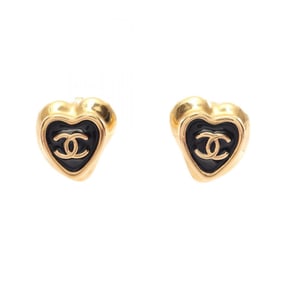 CHANEL Coco Mark Heart Earrings, Gold Plated, Women's, Black and