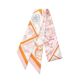 Hermes Hermès Twilly Faubourg Stamp Lover Silk Scarf for Women in White, Orange, and Multicolor