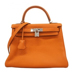 Hermes Hermès Kelly 28 Handbag in Taurillon Clemence Leather, Orange, with J Stamp, 2-Way Bag for