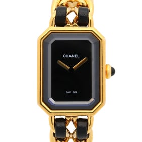 CHANEL Premiere M Watch, GP (Gold Plated), Leather, Women's, Black, H0001