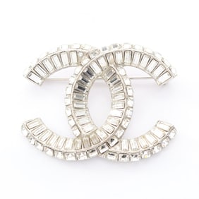 CHANEL Coco Mark Brooch, Stainless Steel with Rhinestones, Silver and Clear, Women's, A17 V