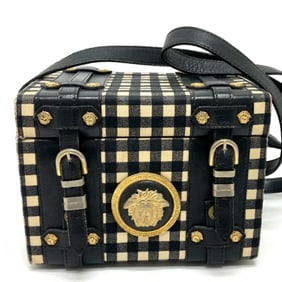 Gianni Versace Medusa Gingham Check Vintage Shoulder Bag Vanity Leather Canvas Women's Black and