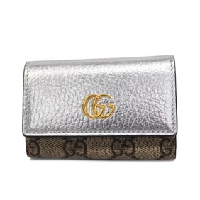 Gucci Key Case GG Supreme Marmont 456118 Leather Brown Silver Women's