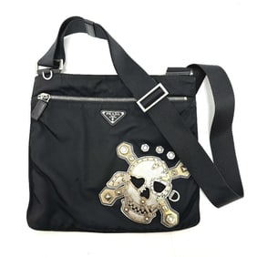 PRADA VA0859 Triangle Plate Skull Flat Bag Shoulder Nylon Women's Black