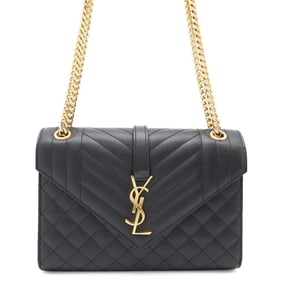 Saint Laurent Chain Shoulder Bag Envelope Medium Calf Leather 600185 2way Black