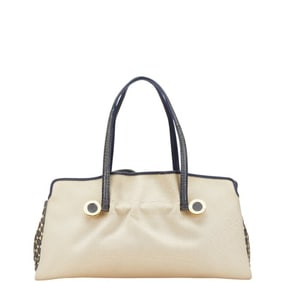 BVLGARI Tote Bag Shoulder Beige Navy Canvas Leather Women's