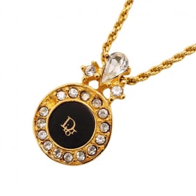 Christian Dior Necklace Circle GP Plated Rhinestone Gold Black Women's