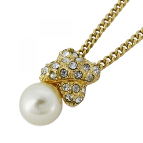 Christian Dior Necklace Cross GP Plated Fake Pearl Rhinestone Gold Women's